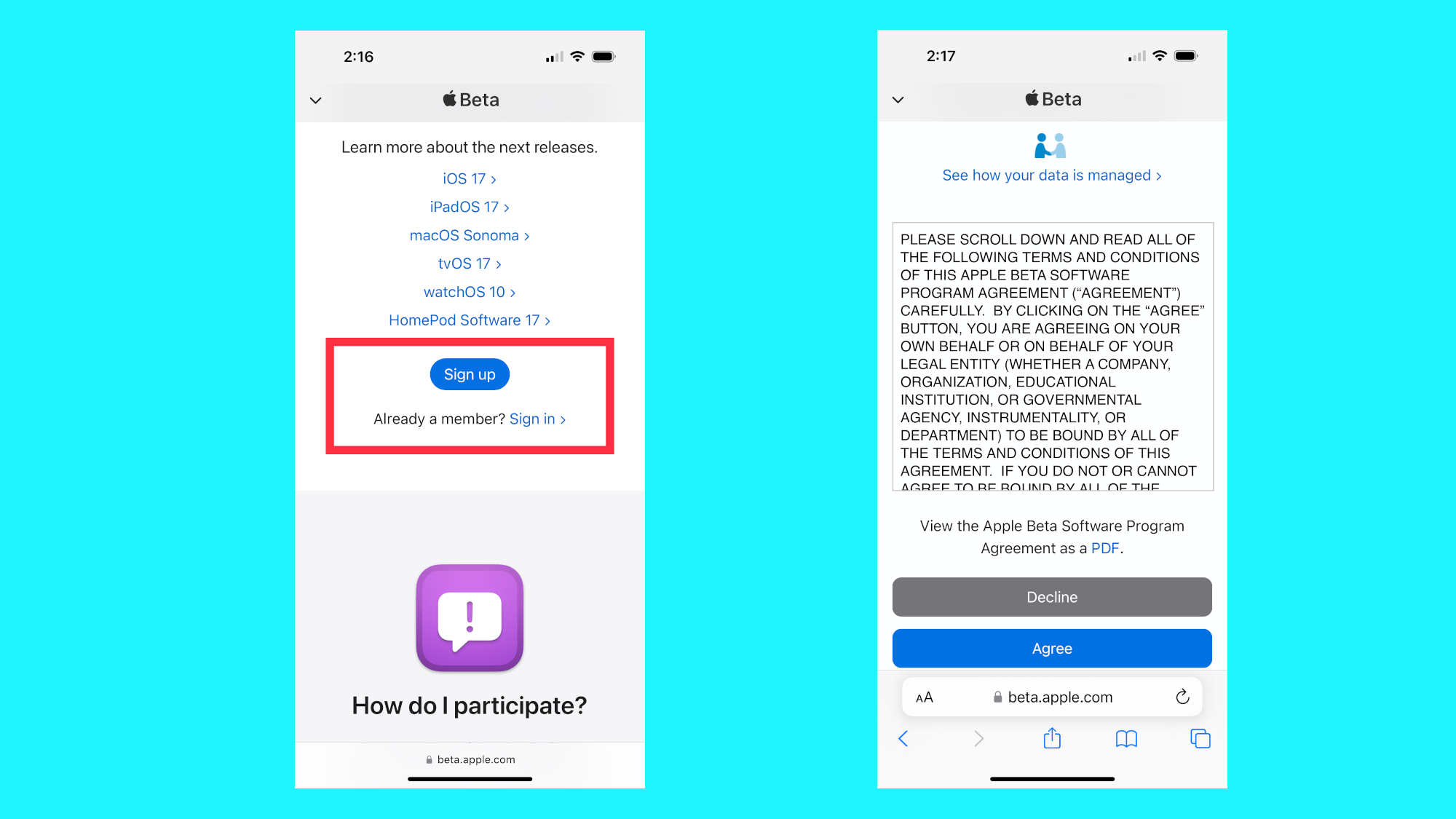 لقطات شاشة حول كيفية تثبيت iOS 17 Public Beta.