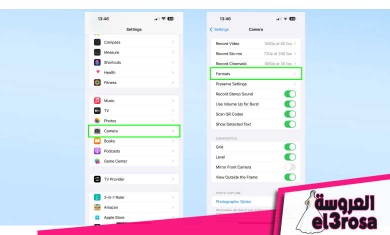لقطات شاشة توضح مكان العثور على قائمة تنسيقات الكاميرا في iOS 17
