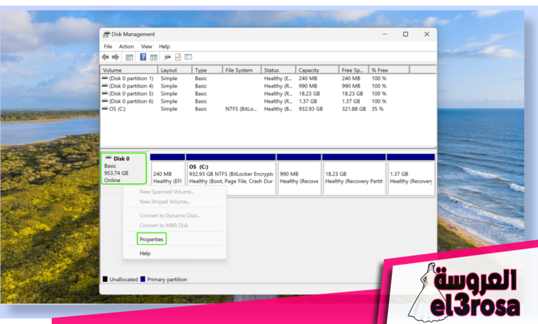 لقطة شاشة لأداة إدارة الأقراص في نظام التشغيل Windows 11.
